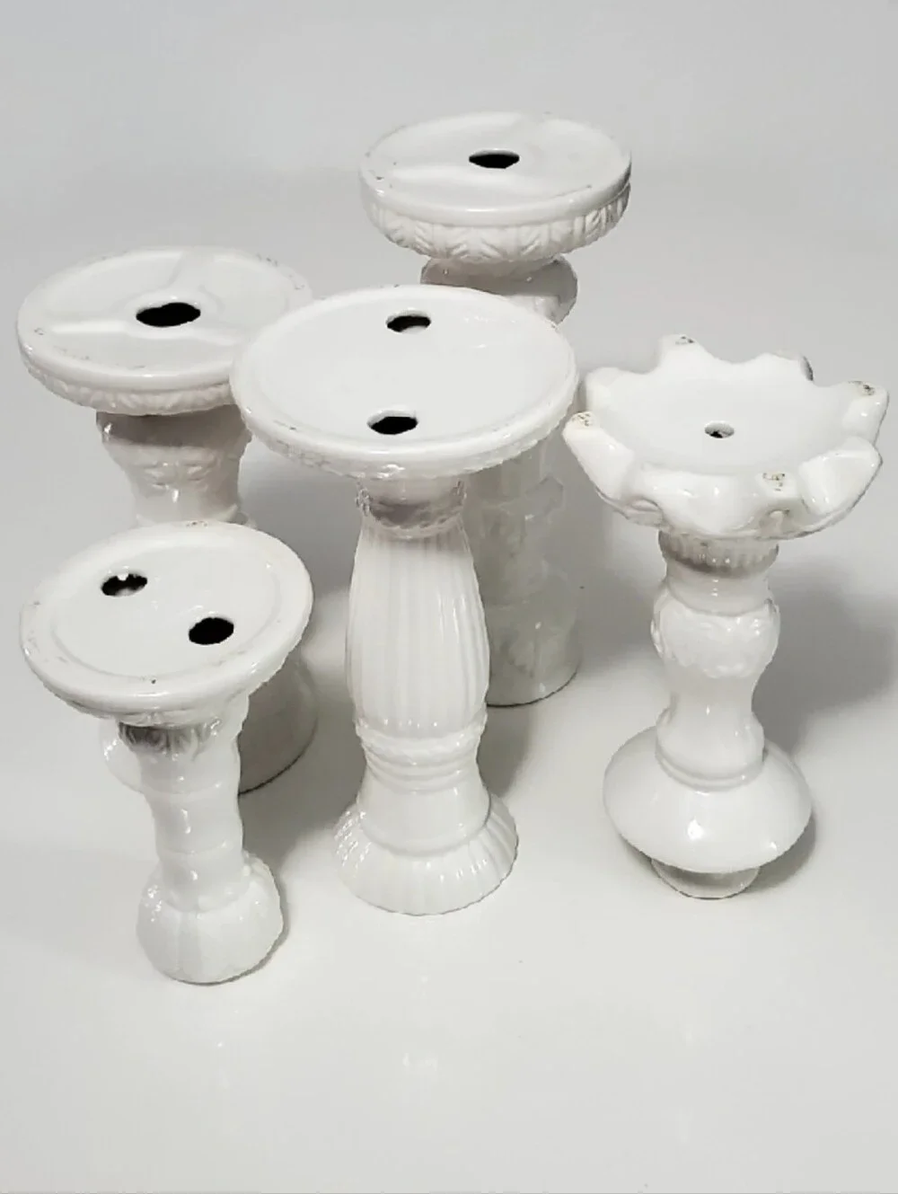 5 Pc Set White Various Design Ceramic Taper Candle Holders Varying Sizes